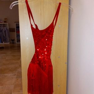 Red sequins and fringe dance costume
